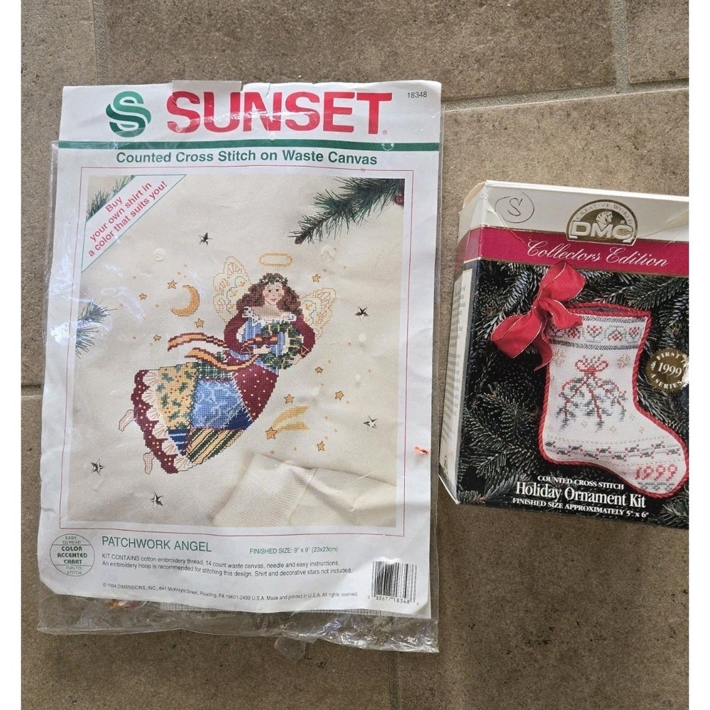 2 Crosstitch Kits Sunset Angel & DMC Stocking Ornament Christmas New In Pkg